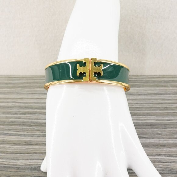 Tory Burch Enameled Kira Logo Hinged Bracelet Gold/ Green OS - Picture 6 of 12